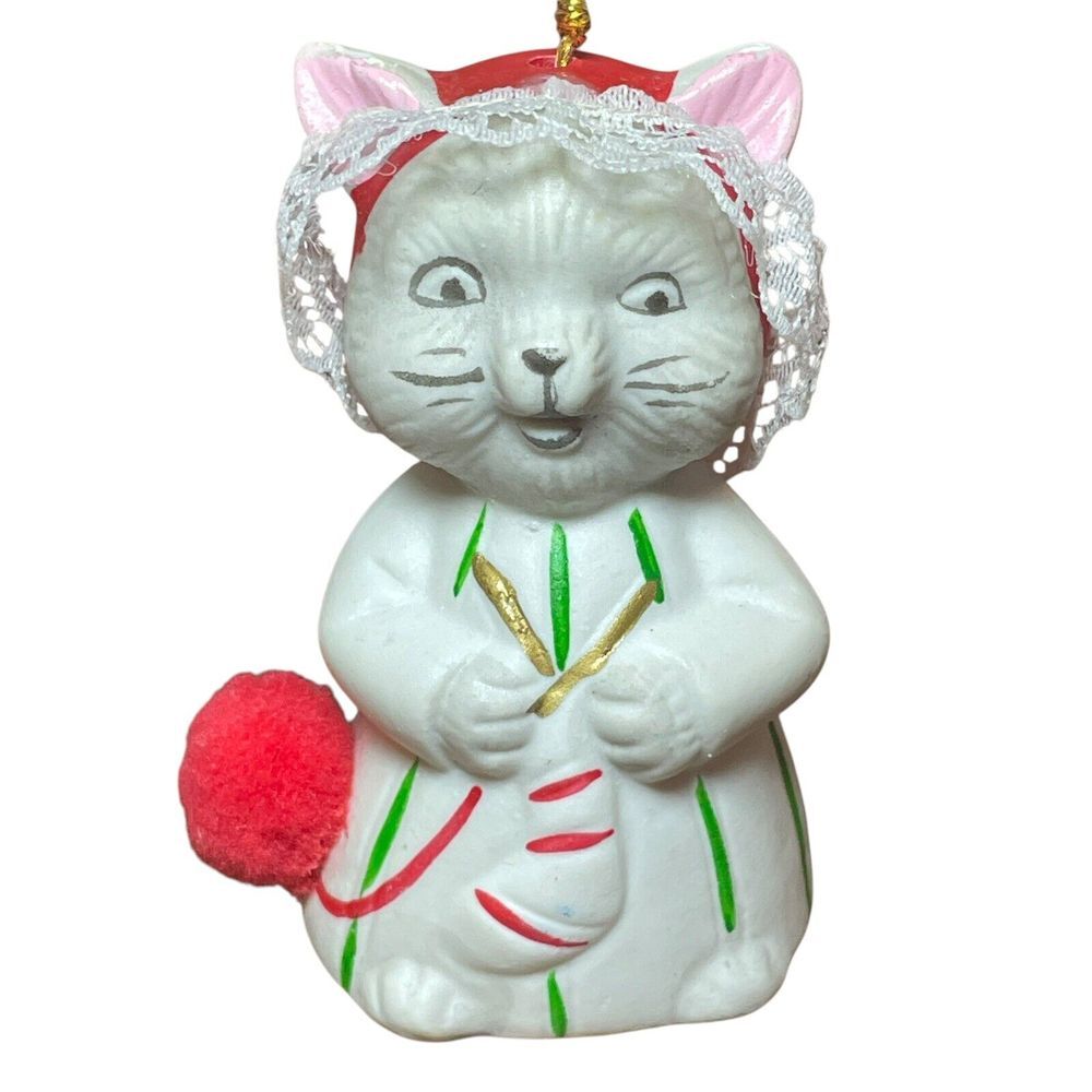 Vintage JASCO Christmas‎ Knitting Cat Bisque Porcelain Bell Retro 3 Inches Tall
